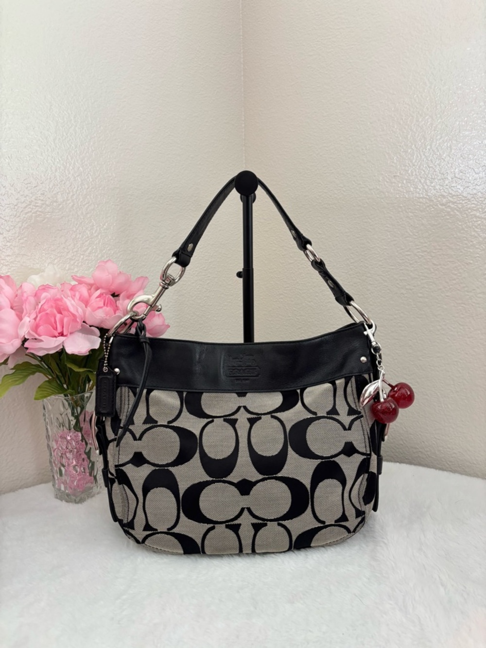 Vintage COACH Y2k Medium Signature Jacquard Black Hobo Leather Bag